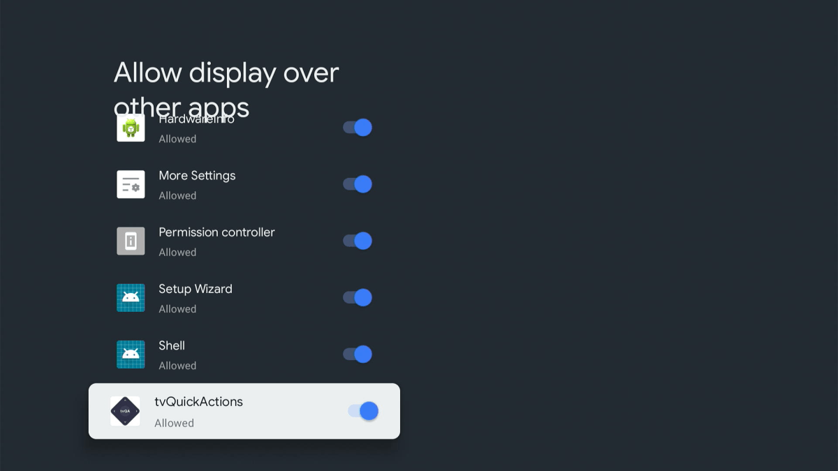 "Allow display over other apps" for TVQuickActions"