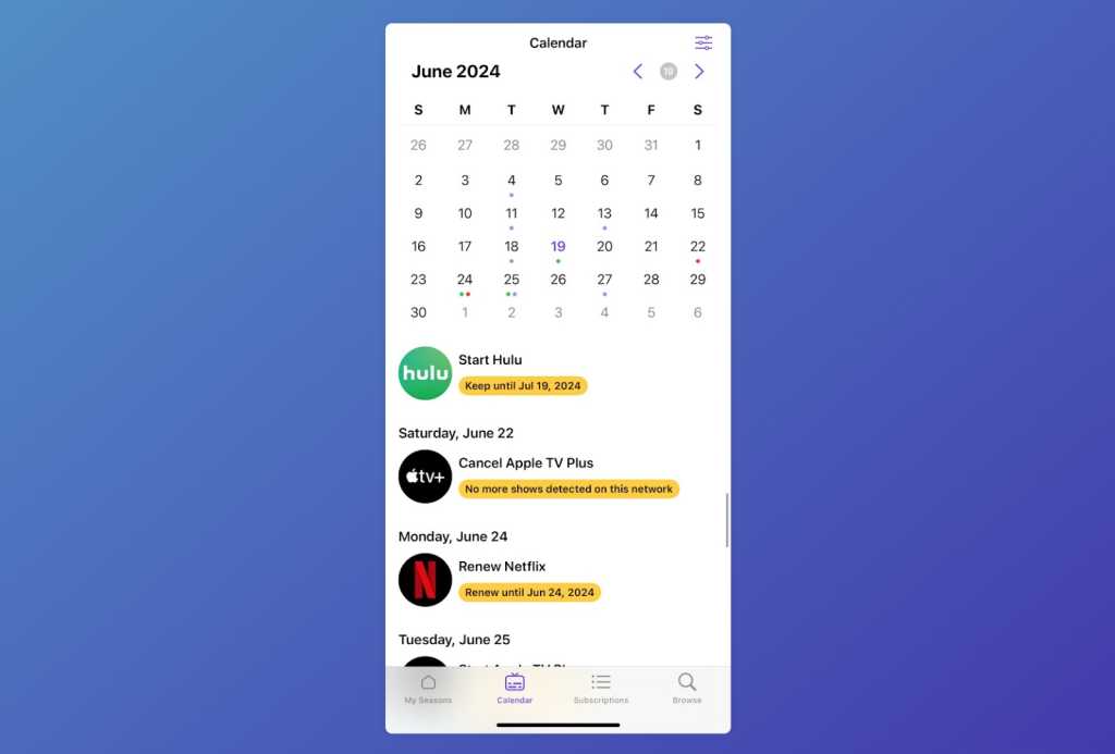 Seasons Calendar view, showing dates to start Hulu, cancel Apple TV+, and renew Netflix